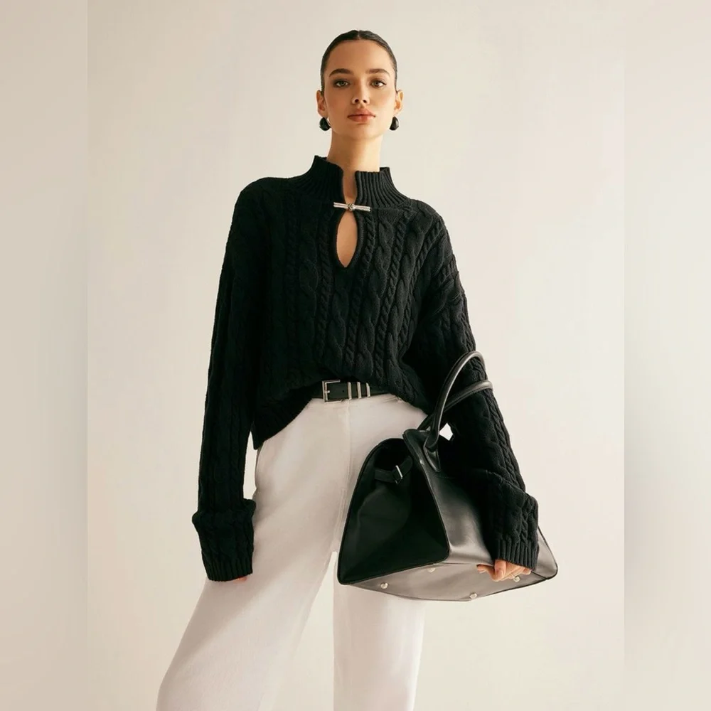 Commense Black Cable Knit Turtleneck Sweater - Picture 1 of 9
